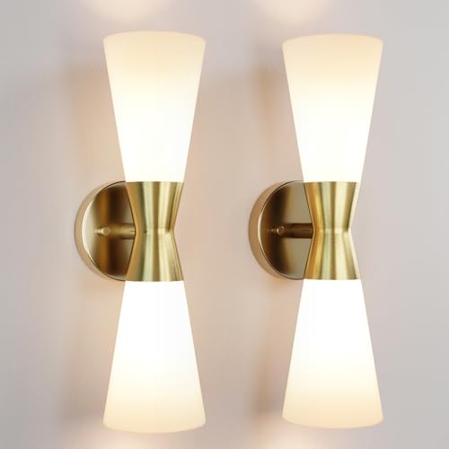 Image of Wall Sconces Set of 2 for Bathroom, Modern Indoor Vanity Light Fixtures 17 inch, Up Down Lighting, Wall Mount Lamp for Living Room Bedroom Hallway Stairway Fireplace Mirror E26 Base 2PC White&Gold