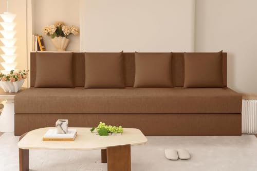 Image of Rosebell Foldable Easy Lightweight Four-Person Four Seater Sofa Cum Bed Jute Fabric Washable Cover- Including 4 Cushion - Size 6X6 Feet | Brown | Perfect for Living Room & Office