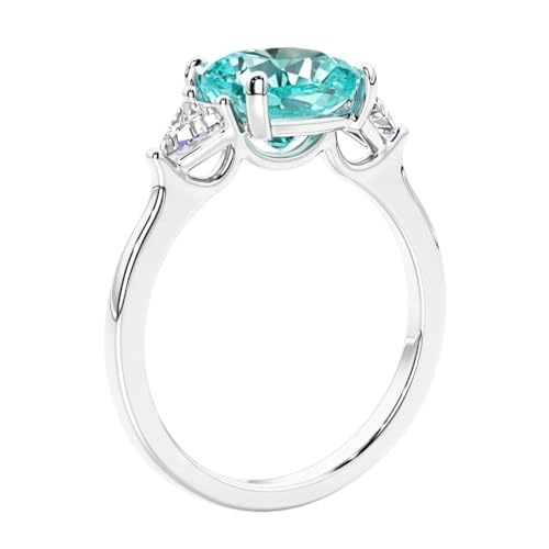 14k White or Yellow Gold 3 Ct Cushion Lab Grown Paraiba Tourmaline & Trillion Diamond 3-Stone Ring, October Birthstone, Engagement, Anniversary, Wedding, Birthday Gift for Women w/Jewelry Box Sz 4-103