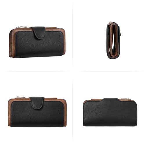 Image of CLUCI Wallet For Women PU Leather RFID Blocking Womens Wallet Bifold Card Holder with ID Window Gifts for Women Birthday, z Black WIth Brown, LARGE, Fashion