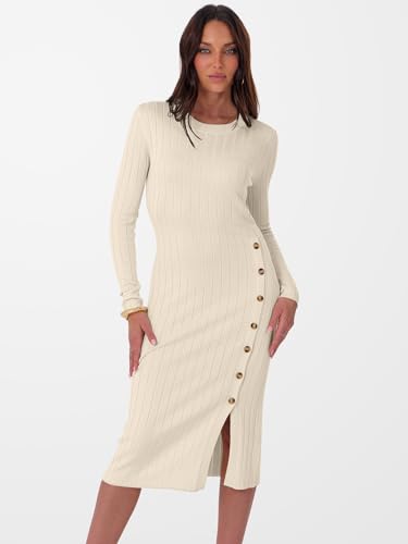 ANRABESS Womens 2025 Fall Long Sleeve Midi Dress Ribbed Knit Bodycon Fitted Button Down Wedding Guest Slit Sweater Dresses