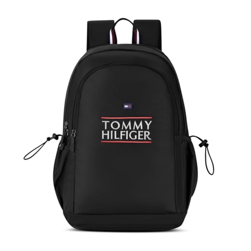 Image of Tommy Hilfiger Student School Bag & University Backpack Coral - Black | Durable Water-Resistant Polyester with Premium Embroidery | Multi-Utility Organiser & Rain Cover | 33L Capacity