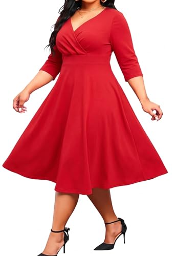 Image of Womens Plus Size Dresses Faux Wrap Summer Dress 3 /4 Sleeves V Neck 1950s Retro Vintage Wedding Party Midi Dress