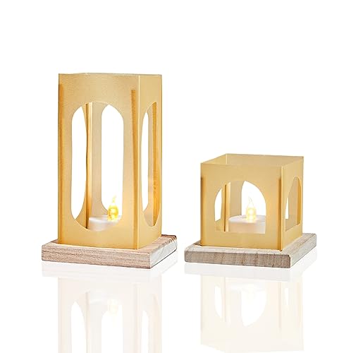 Image of Mini Lanterns with Flameless LED Candles,6Rectangle +6Square Sets of Decoration Candle Lanterns,Wedding Centerpieces for Tables,Use for Halloween,Christmas,Pool,Cowboy Party (Gold)