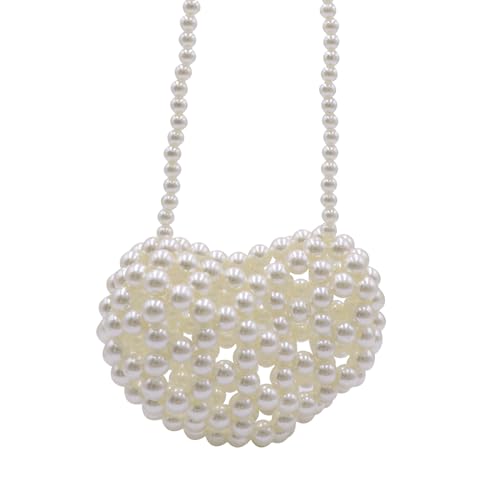 Image of Heart White Beaded Pearl Crossbody Bag Acrylic Beaded Purse Mini Wrislet Clutch Elegant Evening Bag for Party Wedding