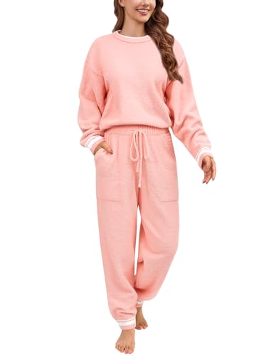 Yuson Girl Pijama Mujer Invierno Forro Polar 2 Piezas Manga Larga Pjs con Pantalones Conjunto Cálido y Suave Pijama con Bolsillos Ropa de Dormir y Lounge(Rosa empolvado, S)