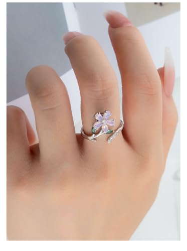 Kokoma Spinner Cherry Blossom Flower Ring for Women Pink Opal Cubic Zirconia Floral Leaf Wrap Finger Band Open Statement Rings Eternity Promise Rings Bands Christmas Jewelry3