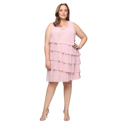 Image of S.L. Fashions Women's Chiffon Tiered Jacket Dress with Beaded Neckline Mother of the Bride, Cocktail, Or Wedding Guest Dress