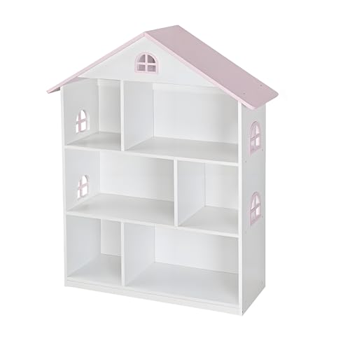 Image of Wooden Dollhouse Bookshelf, 3 Tier Bookcase for Kids, Pink and White, Toy Storage Organizer for Children Bedroom and Playroom, 32.7 x 11.8 x 41.7 Inches