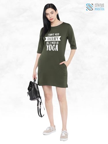 Image of STATUS MANTRA Women's Long T-Shirt Dress - Cotton Casual Knee Length Dress with 3 /4 Sleeves | Soft Bio-Washed Fabric, Crew Neck, Relaxed Fit | Comfy Summer Lounge Wear