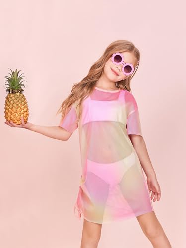 Batermoon Girls Mesh Swim Cover Up Kids Summer Tie Dye Hollow Out Beach Coverup with Drawstring 5-14 Years3