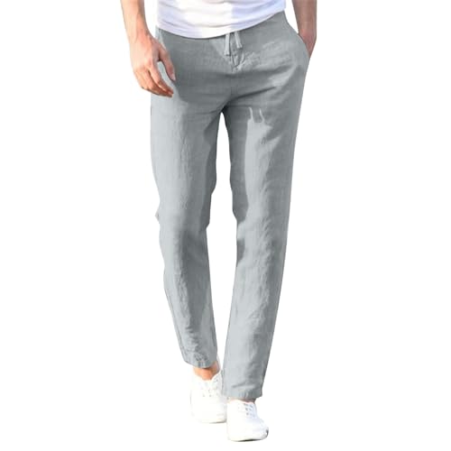 Men's Linen Pants Elastic Waist Drawstring Straight Leg Loose Fit Yoga Pants Lightweight Summer Beach Trousers with Pockets