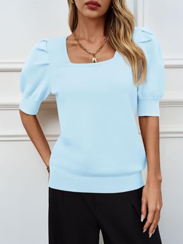 Image of Womens Puff Short Sleeve Sweater Tops Square Neck Casual Knit Pullover | Dressy Casual Blouses,Fall Shirts,Fashion Summer Clothing,Cute Spring Outfits,Work Shirts