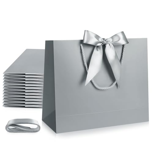 Image of JMANNI 12 Pcs Wedding Paper Gift Bags with Handle,13 inch Medium Thank You Gifts Bags with Ribbon Bow Bridal Shower Gifts for Baby Shower Graduation Holiday Birthday Party Supplies Mothers Day（silver）