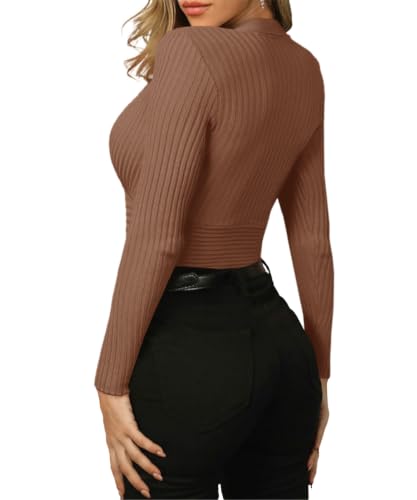 Image of Fangetey Womens Deep V Neck Sexy Wrap Sweater Long Sleeve Slim-Fitted Knitted Jumper Top