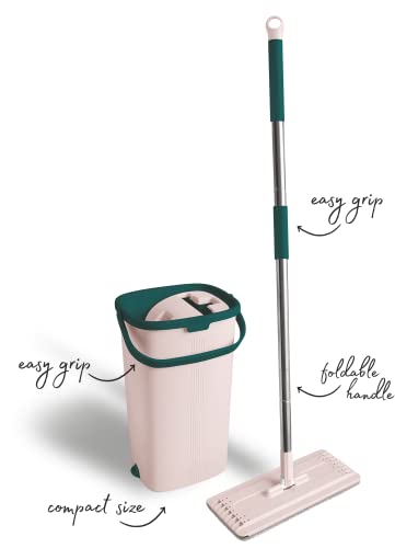 York Bodenwischer Mop Set Handy | Flach, Schwenkbar mit Zwei Kammer Putzeimer | Wischmopp mit Auswringfunktion | Nass-Trocken Reinigungs | Für alle Böden Geeignet | 5 Extra-Kartuschen – Bild 3