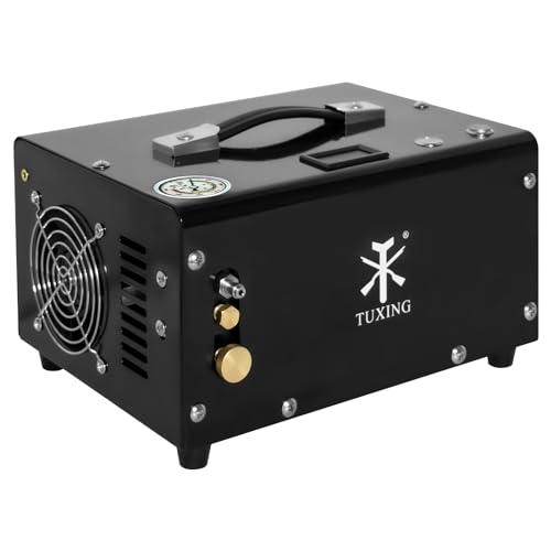 Image of TUXING PCP Air Compressor, Max 4500 PSI, Dual Power Car 12V DC or Home 110V AC, Fast Fill for Air Rifle or Paintball Tank, Built-in Cooling Fan, Portable Pcp Pump (GREEN)