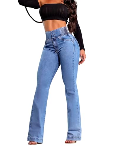 CHICME Women's High Waisted Jeans Stretchy Bootcut Pants with Elastic Waistband Denim Pants for Women