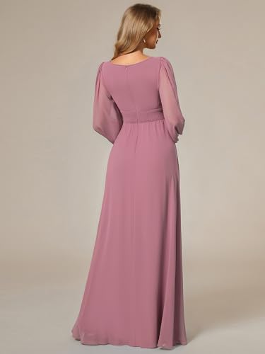 Image of Ever-Pretty Women's Crewneck Long Lantern Sleeves Floor Length A-Line Pleated Chiffon Formal Dress 0106B