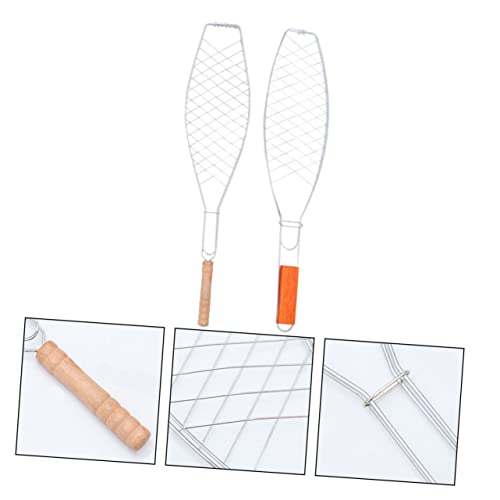BESPORTBLE 2Pcs Fish Grill Basket with Wooden Handle Net Rack Wire Frame for Outdoor Bbq Easy to Clean Durable Barbecue Clip for Fish Shrimp