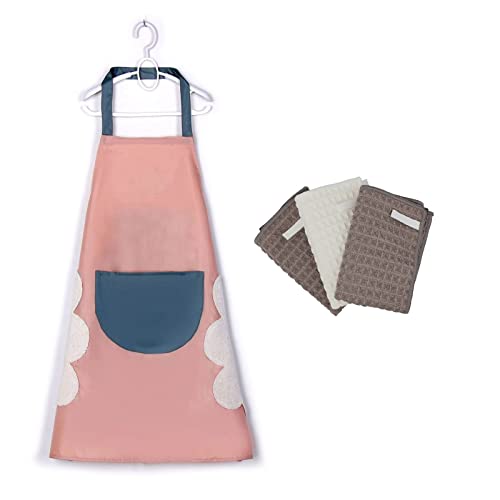 防水耐油キッチンエプロン 首掛け 手拭き箇所付き 両側に手拭き布が1枚ずつある 超細繊維の雑巾が3本ございます - おしゃれ 大容量ポケット PVC素材エプロン 汚れにくい シワ防止 カフェ 家庭料理教室用エプロン ピンクM