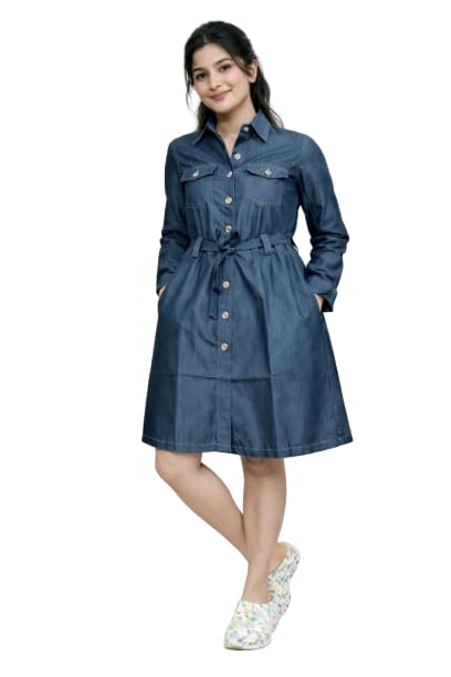 Women’s Navy Blue Denim Shirt Dress – Flared A-Line Mini with Button Closure, Adjustable Tie Waist & Utility Pockets | Long Sleeve Smart Casual Look for Office-image-1