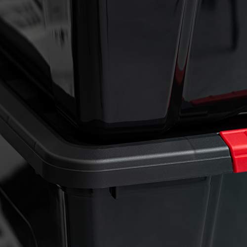 Image of IRIS USA 72 QT Plastic Storage Box with Lid and Latches - 4 Pack - BPA-Free, Garage Organizing Solution, Durable Nestable Stackable Containers, Secure Pull Handle - Black