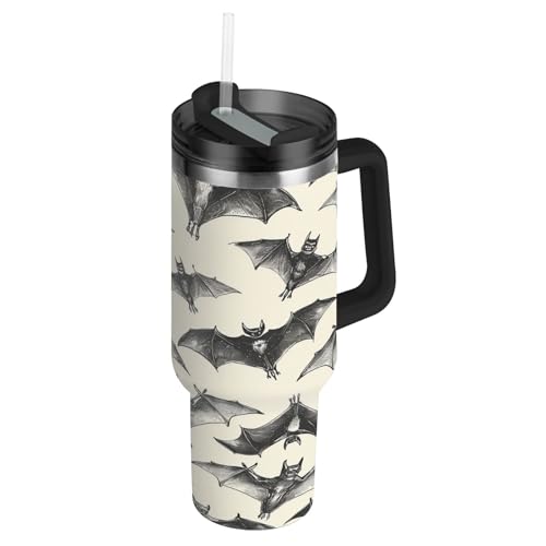 Niigeu Arte Negro Blanco Bat Botella de Agua Deportiva con Pajita Acero Inoxidable, Botellas Termica Sin BPA para Niños Deporte Gimnasio Ciclismo Escuela