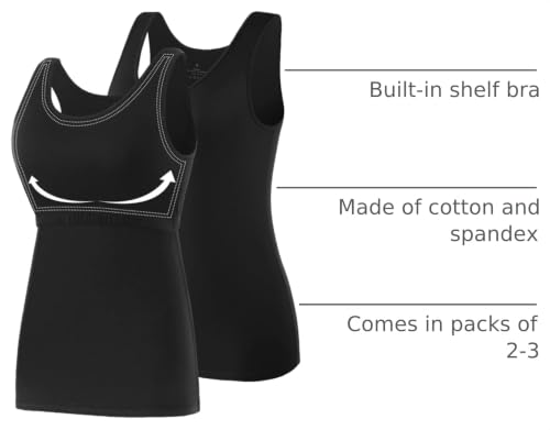 Image of AMVELOP Tank Tops for Women Built in Bra Cotton Shelf Bra Tanks Layering Undershirts 2-3 Pack