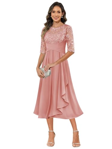 Tea Length Mother of Bride Dresses Lace Applique Chiffon Half Sleeves Formal Evening Dress for Women4