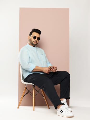 Image of Thomas Scott Men's Solid Cotton Linen Casual Shirt | Full Sleeve | Regular Fit | Mandarin Collar