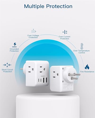 Image of 2 Pack Israel Power Adapter, One Beat Israel Travel Plug Adapter with 3 American Outlets 4 USB Ports(2 USB C), 7 in 1 Type H Travel Adapter Plug Converter for US to Israel, Jerusalem, Palestine