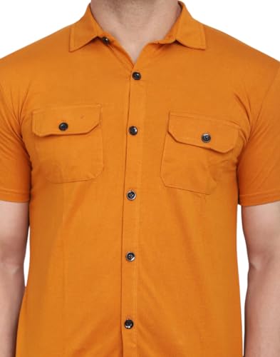 Image of Men's Half Sleeve Shirt - Spread Collar Casual Shirt with Double Flap Pockets - Slim Fit Cotton Blend Button-Down