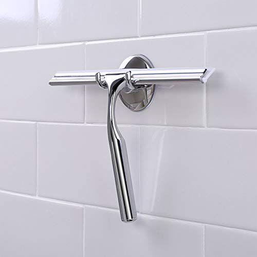 Ettori Bathroom Shower Squeegee Clear Glass Wall Cleaner Bath Stainless Steel with Suction Storage Hook - 10", Chrome