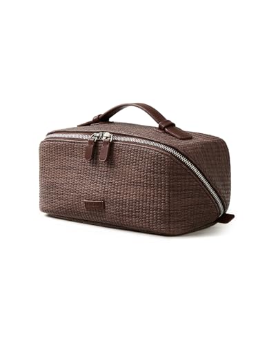 Image of EACHY Travel Makeup Bag, Woven Travel Waterproof Toiletry Bag, Portable 180 Wide-Open Flat Cosmetic Bags for Women, Large Capacity Makeup Pouch with Divider and Handle