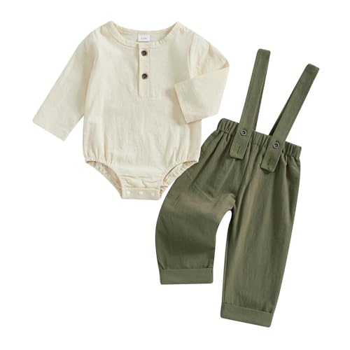 Fall Outfit Infant Baby Boy Gentleman Long Sleeve Linen Romper Shirt Suspender Pants Overall 2Pcs Suit Clothes Set
