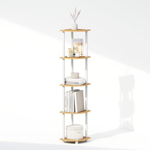 Image of Furinno Turn-N-Tube Storage Shelves, 5-Tier Book Shelf, Corner Shelf, Toolless Open Shelves, for Organization and Storage, Living Room, Home Office, Hallway, Bedroom, Beech