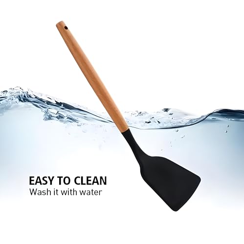 Image of Silicone Spatula Set, Spatula Set with Wooden Handle for Cooking and Mixing, for Non Stick Pan, Kitchen Tools Set of (3, Black)