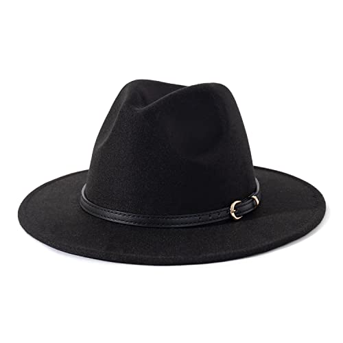 Lisianthus Women Classic Felt Fedora Wide Brim Hat with Belt Buckle Black Belt-Black