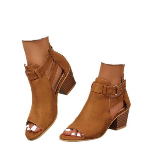 Women's Peep Toe Booties Toe Ankle Booties Chunky Heels Cutout Back Zipper Sandals Suede Side Ankle Strap Dress Sandals Strap Evening Party Shoes