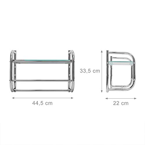 Relaxdays Stainless Steel Wall Glass (34 x 45 x 23 cm) Bathroom Shelf with 2 Towel Rails Modern Style Glass & Chrome Finish Base, Metal, Silver Relaxdays Stainless Steel Wall Glass (34 x 45 x 23 cm) Bathroom Shelf with 2 Towel Rails Modern Style Glass & Chrome Finish Base, Metal, Silver