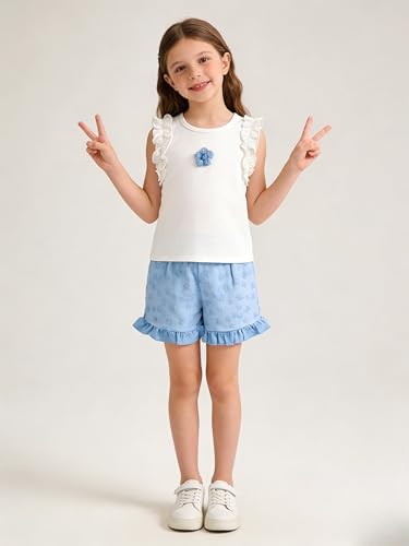 Image of Ayzozuy Kid Girl Clothes Shorts Set 2 Piece Outfits Summer Casual Short Sleeve Top and Shorts Set for Girls 4-7