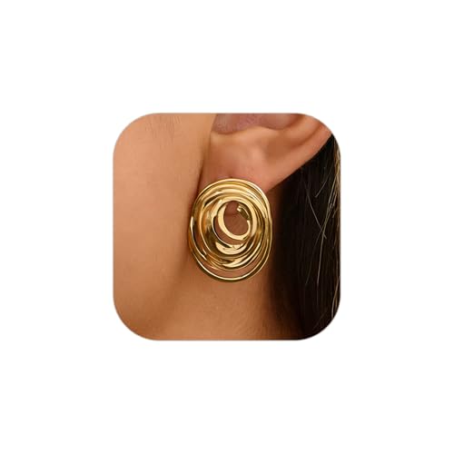 Gold Loop Earrings for Women Gold Silver Circular Oval Threaded Textured Hoop Earrings Gold Hollow Symmetrical Stud Earring Exquisite Golden Statement Stud Earring for Women (A)