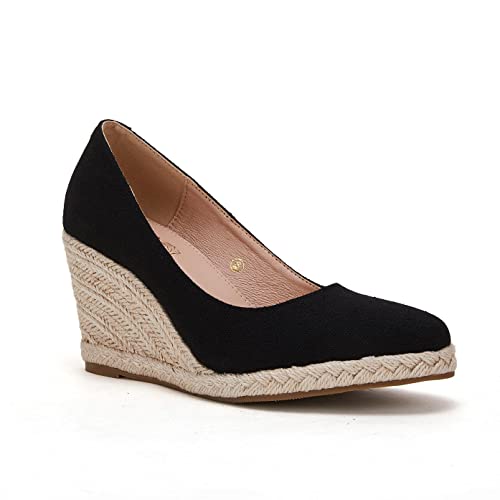 Ruanyu Women's Platform Espadrilles Wedge Sandals Slip On Solid Color Closed Pointed Toe Comfortable Wedge Pumps Shoes