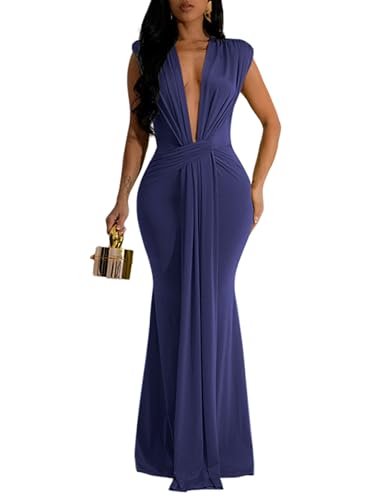 Image of Ekaliy Elegant Bodycon Dresses for Women Deep V Neck Maxi Dress Mermaid Long Dress