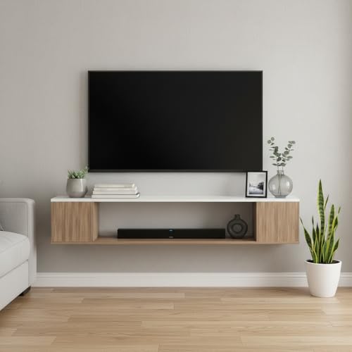 Image of FURNEASER Ether Modern Wall Mounted TV Unit with Floating Shelf | Wooden TV Entertainment Unit for Living Room | Engineered Wood Media Console for 43,50, 55 to 65 Inch TV (Exotic Teak & White)