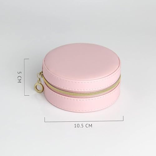 Image of Round Portable Travel Jewelry Case Storage Mini Box, Small Mirror Earrings, Necklace, Jewelry, Ring Cosmatic Organizer Storage Holder Boxes.