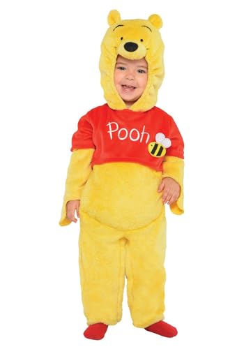 Infant Pooh Bear Costume | Plush Character Hooded Jumpsuit Featuring Embroidered Details for Baby Dress Up 18/24MO