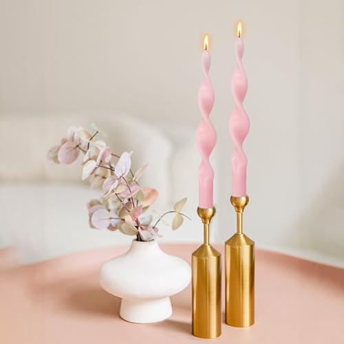 Image of Smokeless Pink Spiral Taper Candle Handmade Unscented Taper Candlesticks 10 Inch Long Twisted Candles for Candlelight Dinner Decor Wedding Women Gifts 2 Pcs