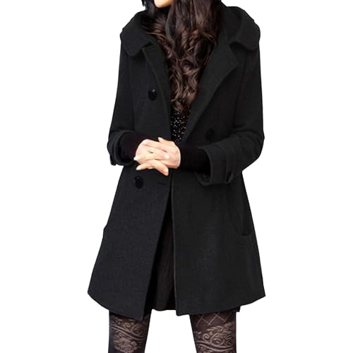 Womens Pea Coat Mid Length Hoodied Double Breasted Overcoat Wool Blend Long Trendy Trench Coat with Hood Winter